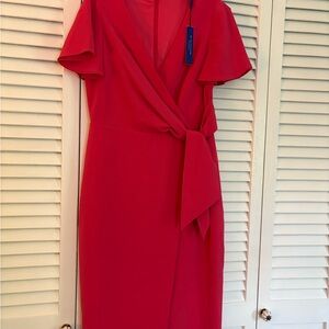 Elie Tahari Red Flutter Sleeve Wrap Midi Dress